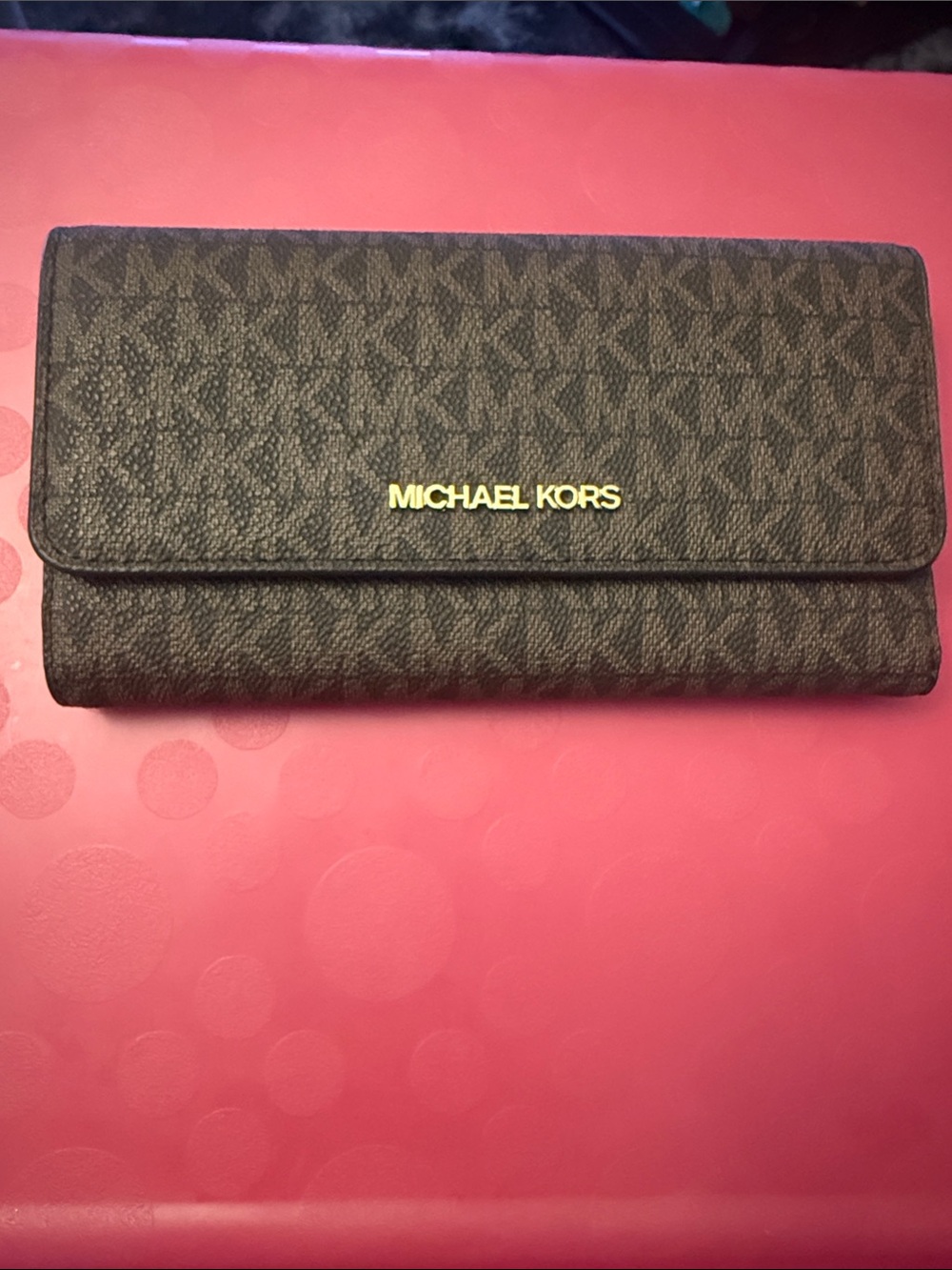 Michael Kors Dark Brown Signature Continental Wallet with Gold Logo